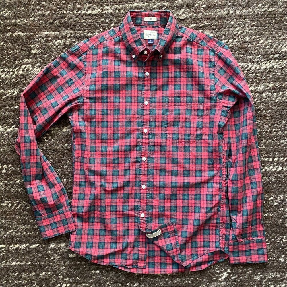 J. Crew Red/Green Plaid Secret Wash Shirt